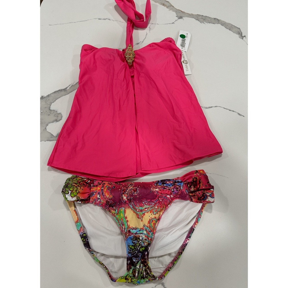 Tara Grinna Pink Halter Tankini Swimsuit Set Size 34‎ Paisley Bottoms